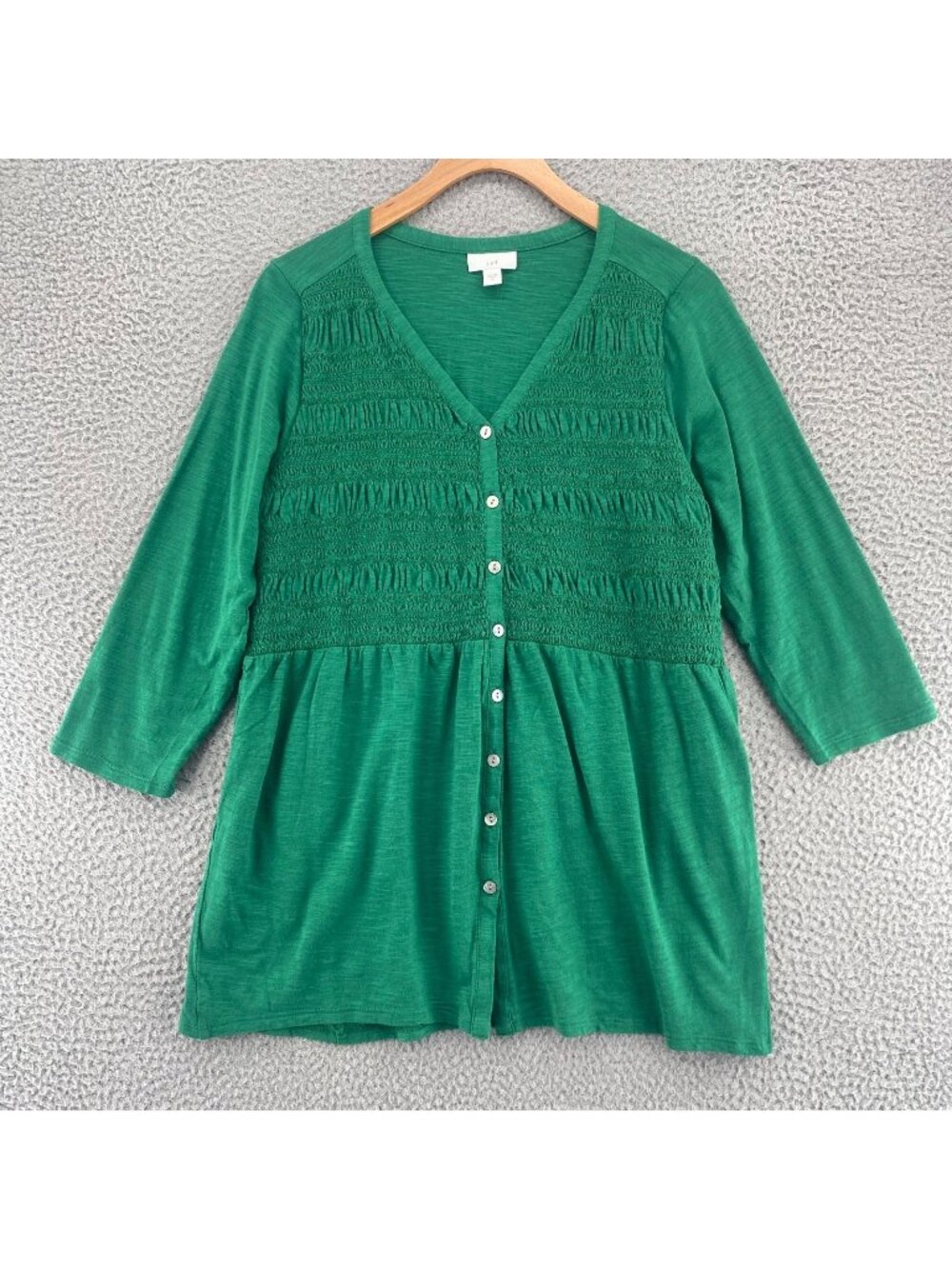 J Jill Top Womens Medium Green Smocked Slub Knit 1/4 Button V Neck 3/4 Sleeves
